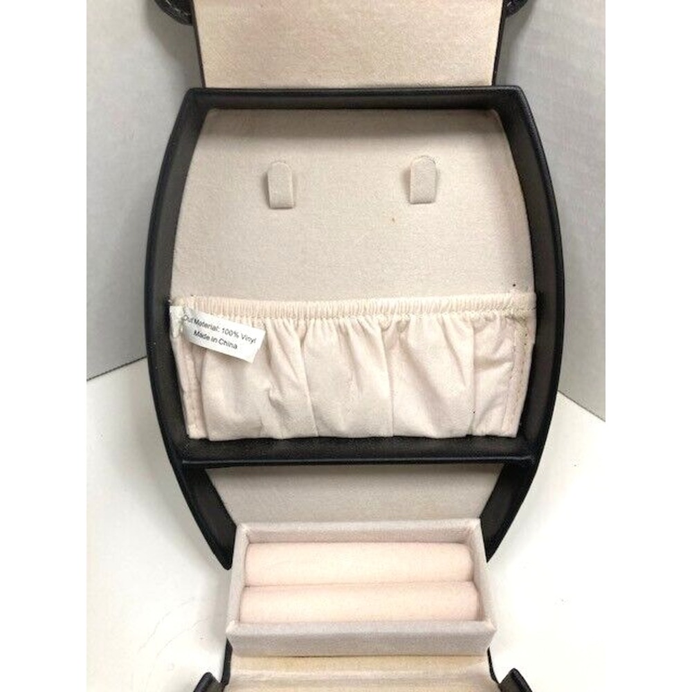 New Black Leather Travel Jewelry Case Mirror, Hard Outer Snap Case - Picture 2 of 13